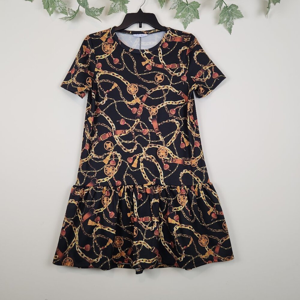 ZARA Size S Black Gold Chain Print Ruffle Hem Short Sleeve Women's Dress